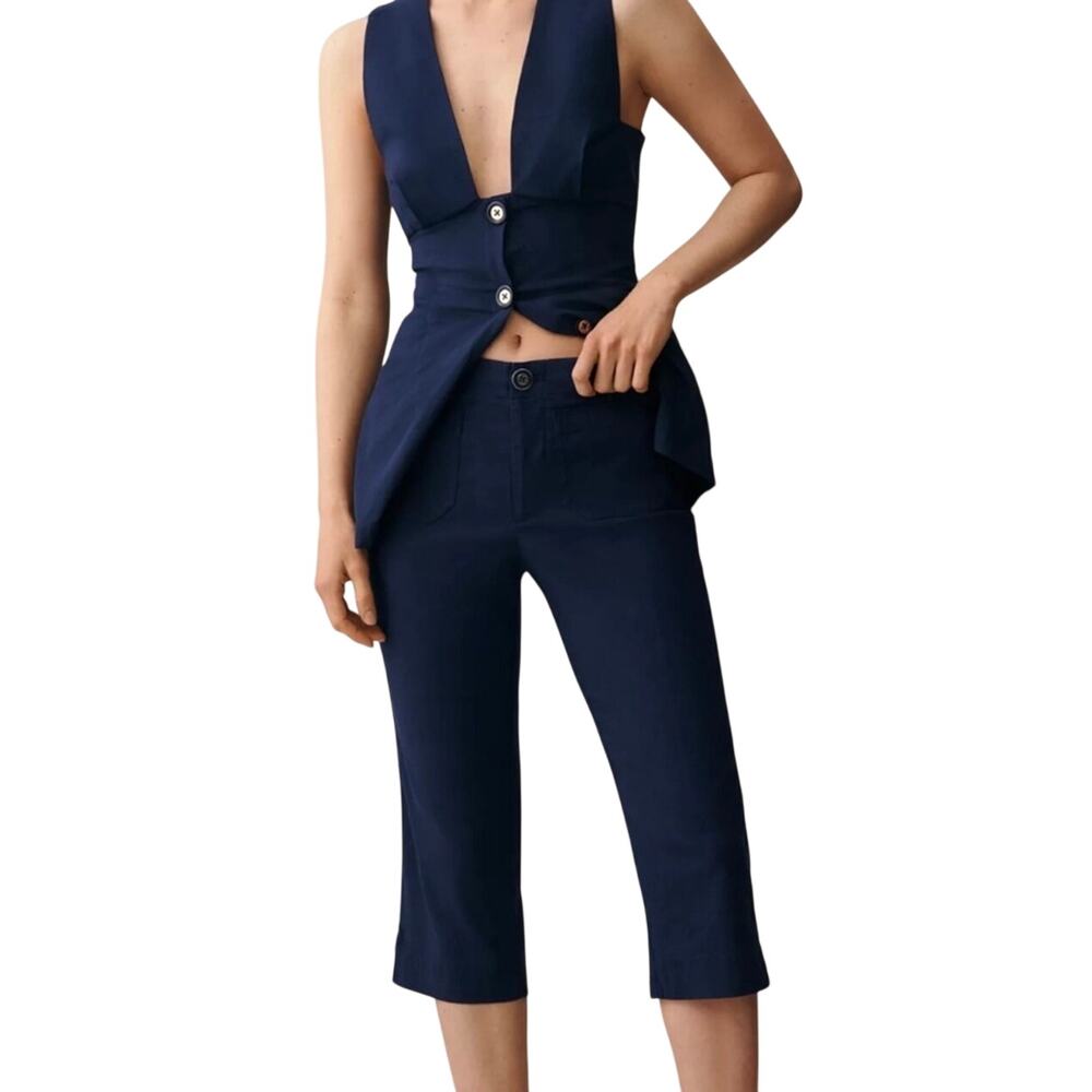 ANTHROPOLOGIE MAEVE Women’s Colette Linen Blend Navy Blue Cropped Pant